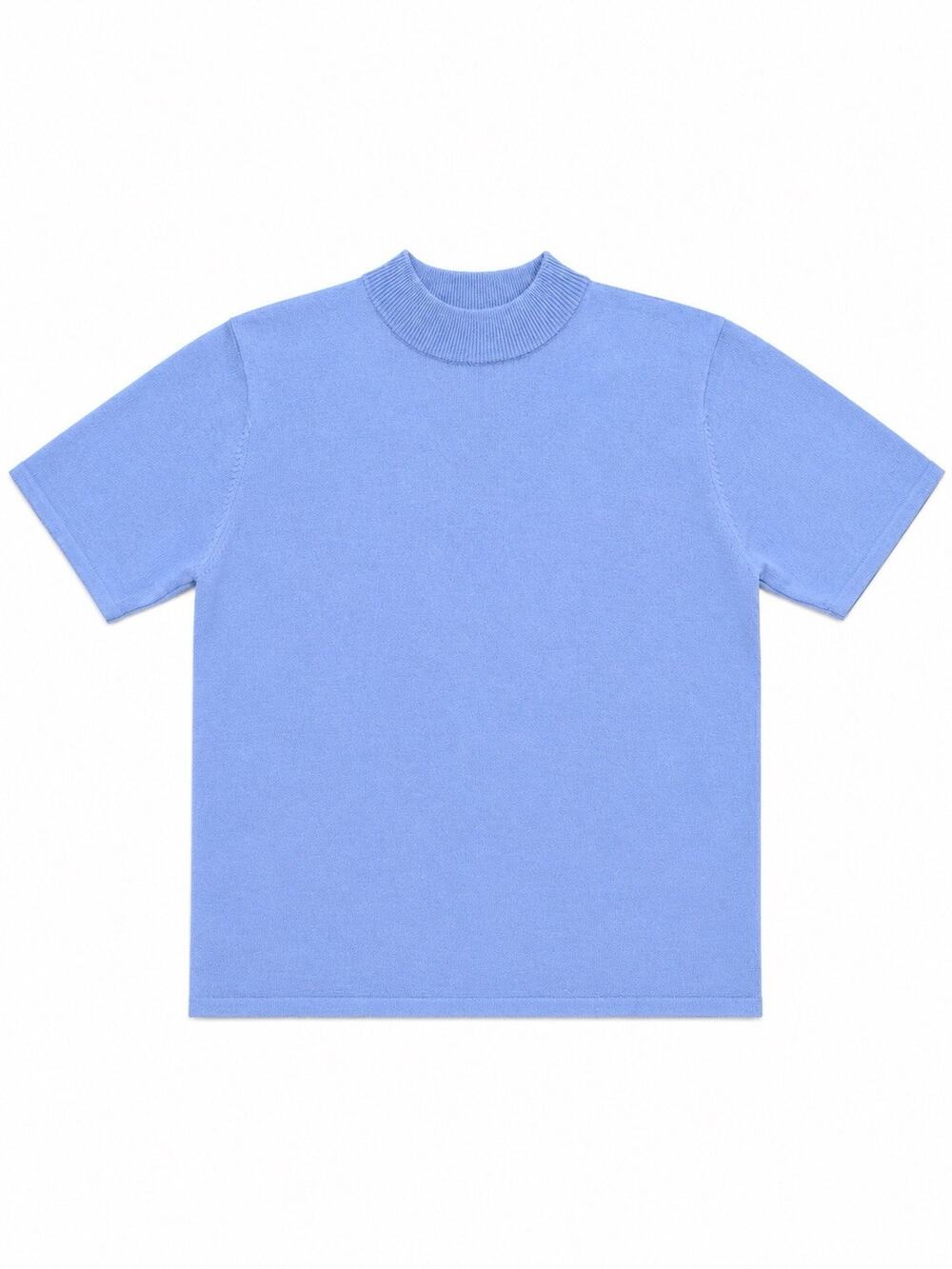 Womens Blue Short Sleeve Mock Neck Knit Top Soft Casual Medium